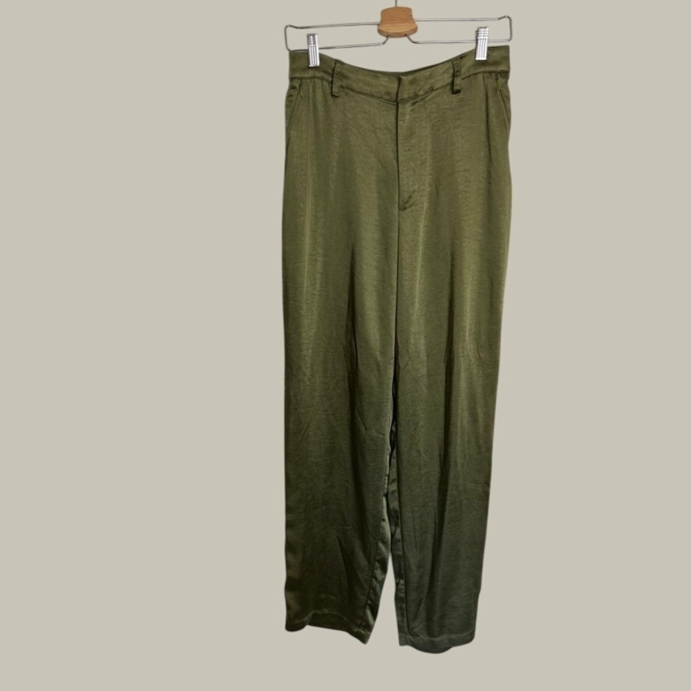 Good American Satin Wide Leg Pants Womens 2/26 Green High Rise Trousers